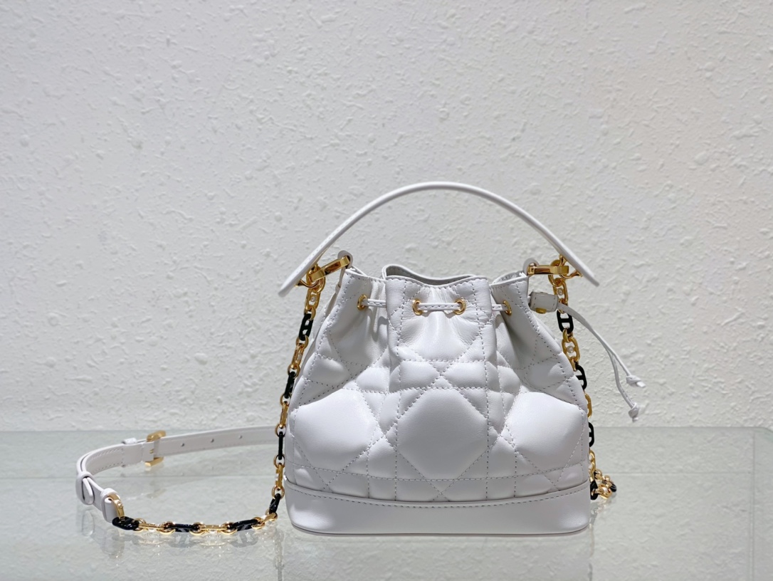 Small Dior Jolie Bucket Bag White Macrocannage Lambskin and Calfskin